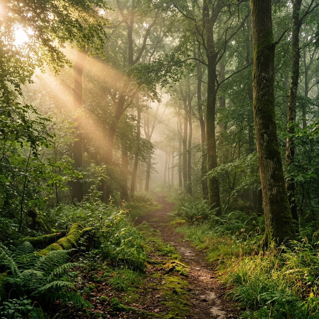 Beruhigender Waldweg am frühen Morgen mit warmen Sonnenstrahlen im Laub